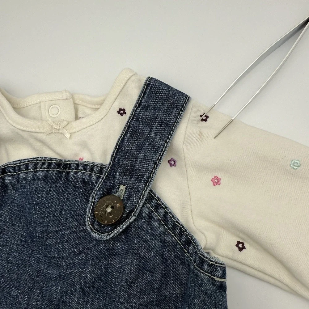 OshKosh Vestbak Denim‎ Overall Dress Embroidered Sz 9 M Floral w/ Bodysuit